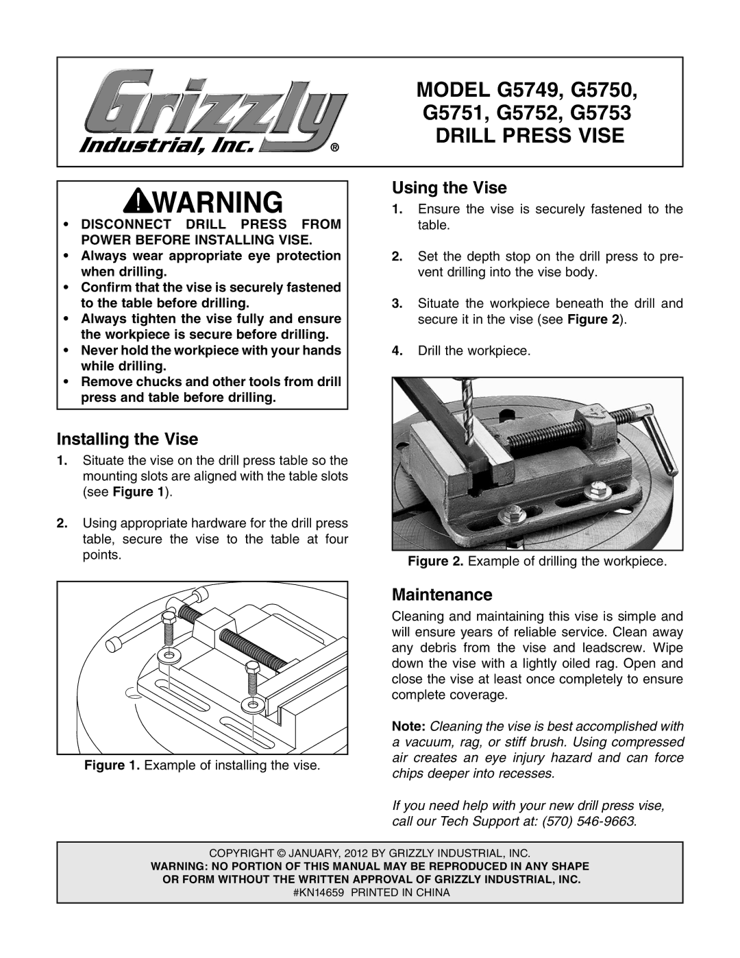 Grizzly G5749 manual Drill Press Vise, Installing the Vise, Using the Vise, Maintenance 