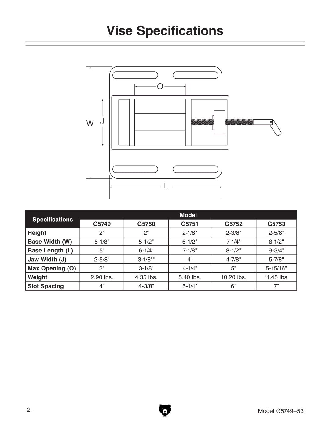 Grizzly G5749 manual Vise Specifications, Specifications Model 