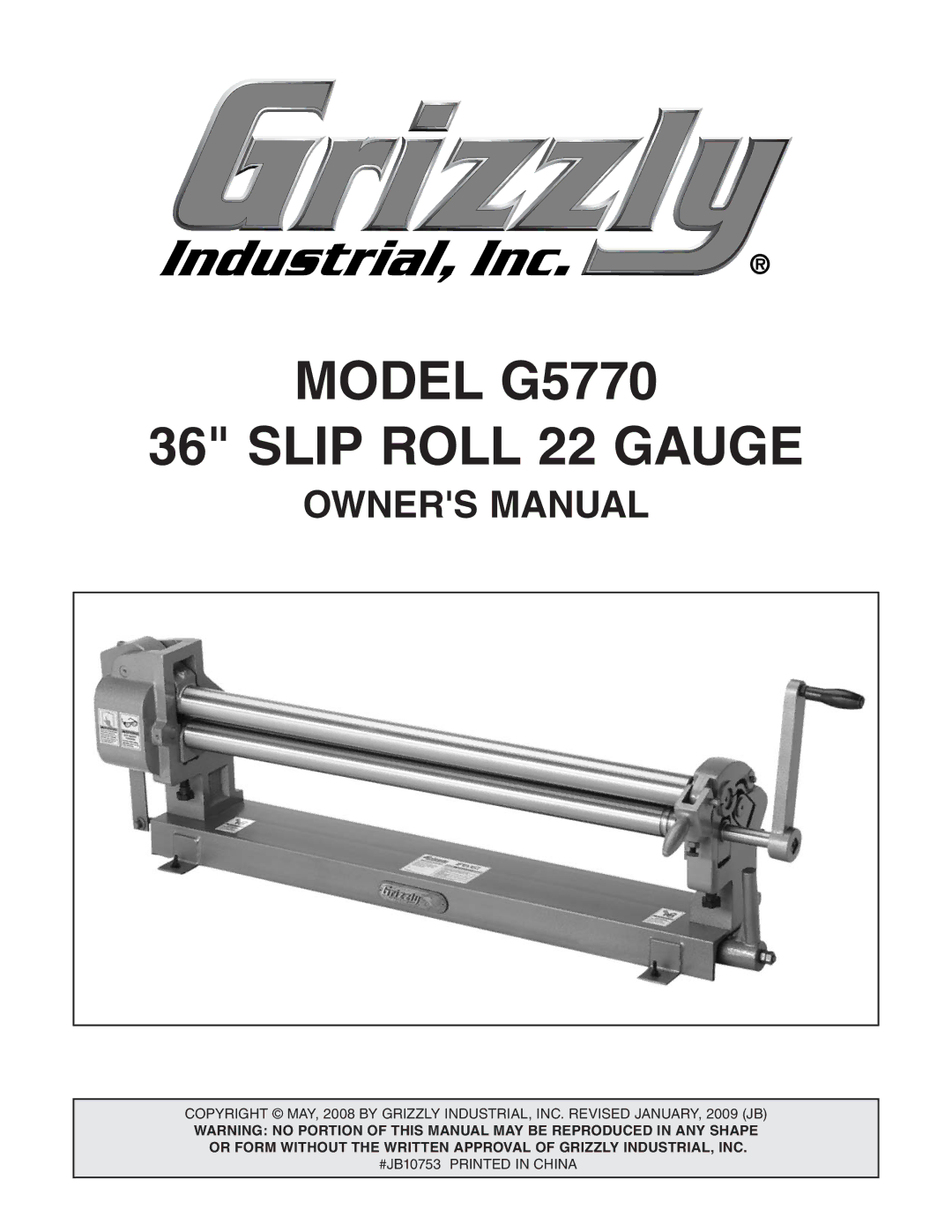 Grizzly owner manual Model G5770 Slip Roll 22 Gauge 