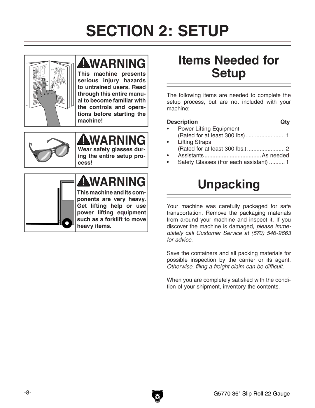 Grizzly G5770 owner manual Items Needed for Setup, Unpacking, Description Qty ™ EdlZgAic\fjebZci, ™ Aic\HigVeh 