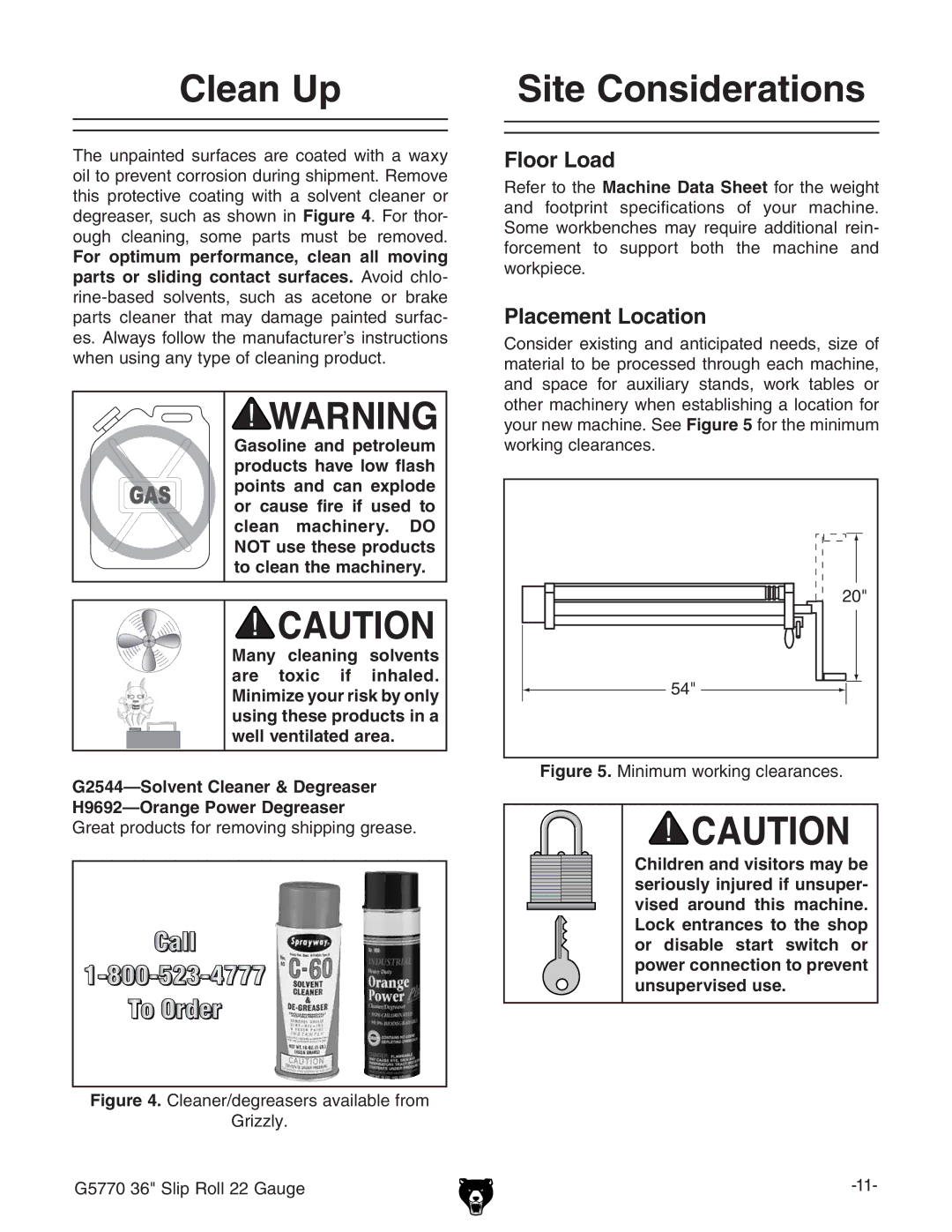 Grizzly G5770 owner manual Clean Up, Site Considerations 