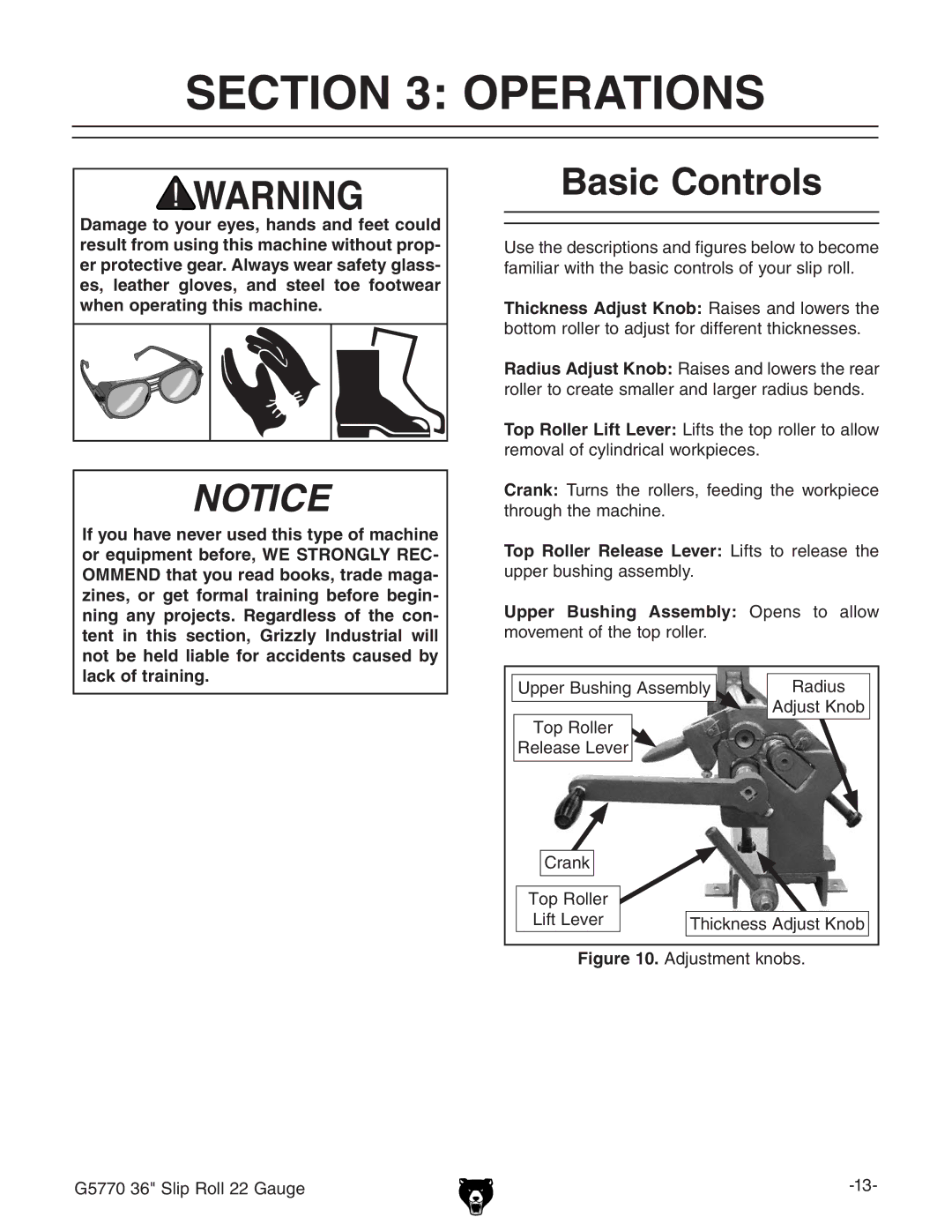 Grizzly G5770 owner manual Operations, Basic Controls, Thickness Adjust Knob GVhZhVcYadlZghiZ, Upper Bushing 