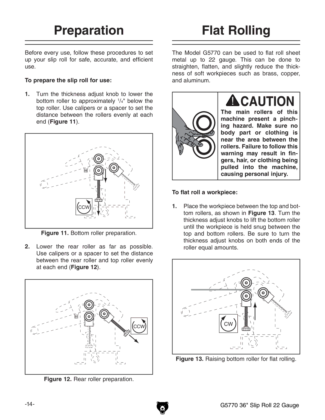 Grizzly G5770 owner manual Preparation, Flat Rolling, To prepare the slip roll for use 