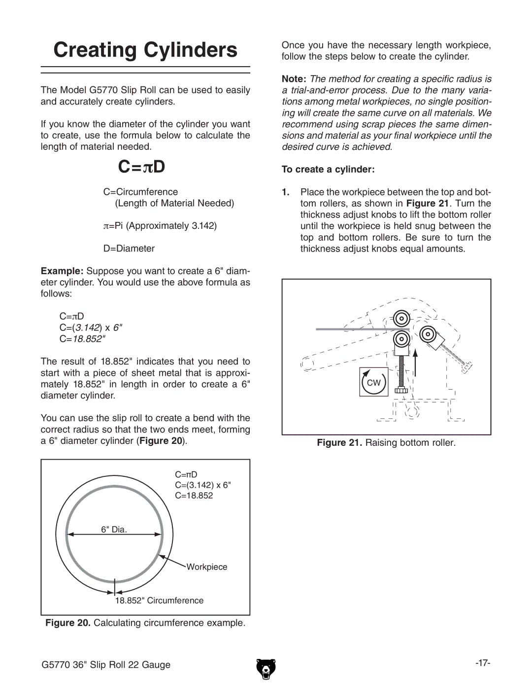 Grizzly G5770 Creating Cylinders,   C=π6 828gXjbZgZcXZ, 929VbZiZg,  82π9  823.142m6, To create a cylinder 