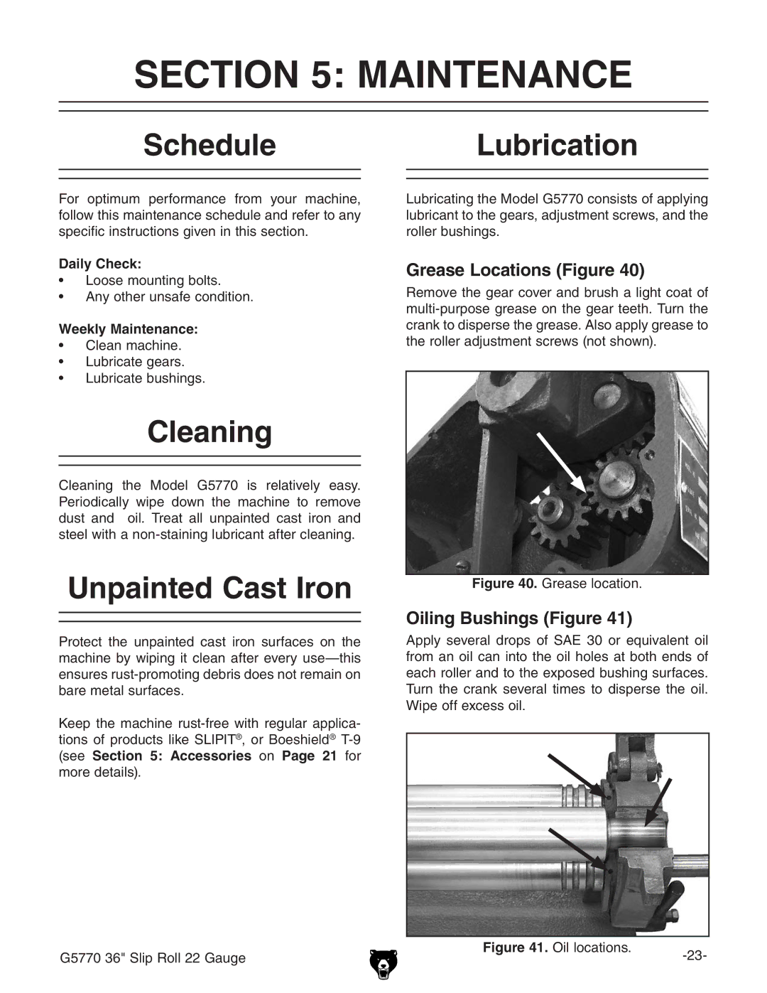 Grizzly G5770 owner manual Maintenance, Schedule, Cleaning, Unpainted Cast Iron, Lubrication 