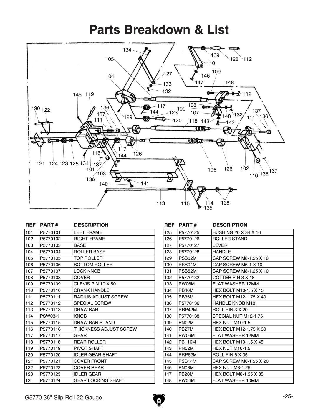 Grizzly G5770 owner manual Parts Breakdown & List, Description 