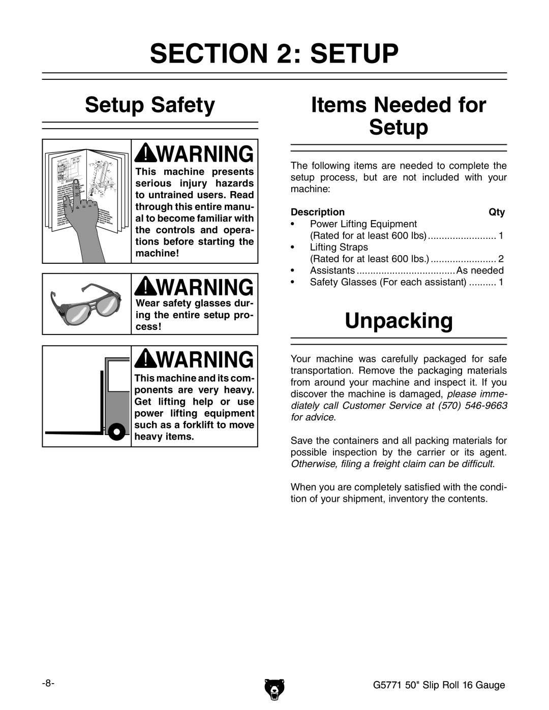 Grizzly G5771 owner manual Setup Safety, Items Needed for Setup, Unpacking, Description Qty 