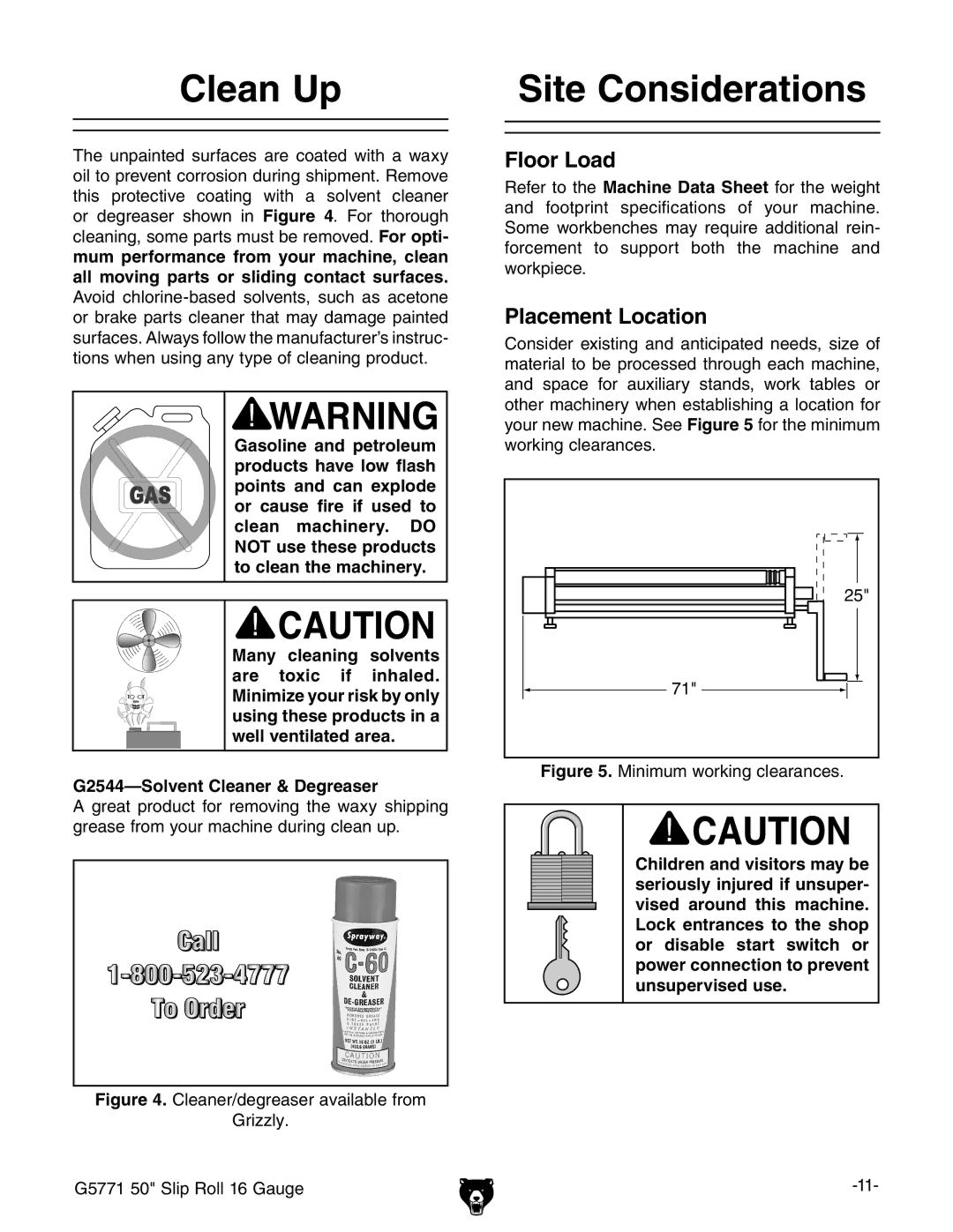 Grizzly G5771 owner manual Clean Up, Site Considerations 