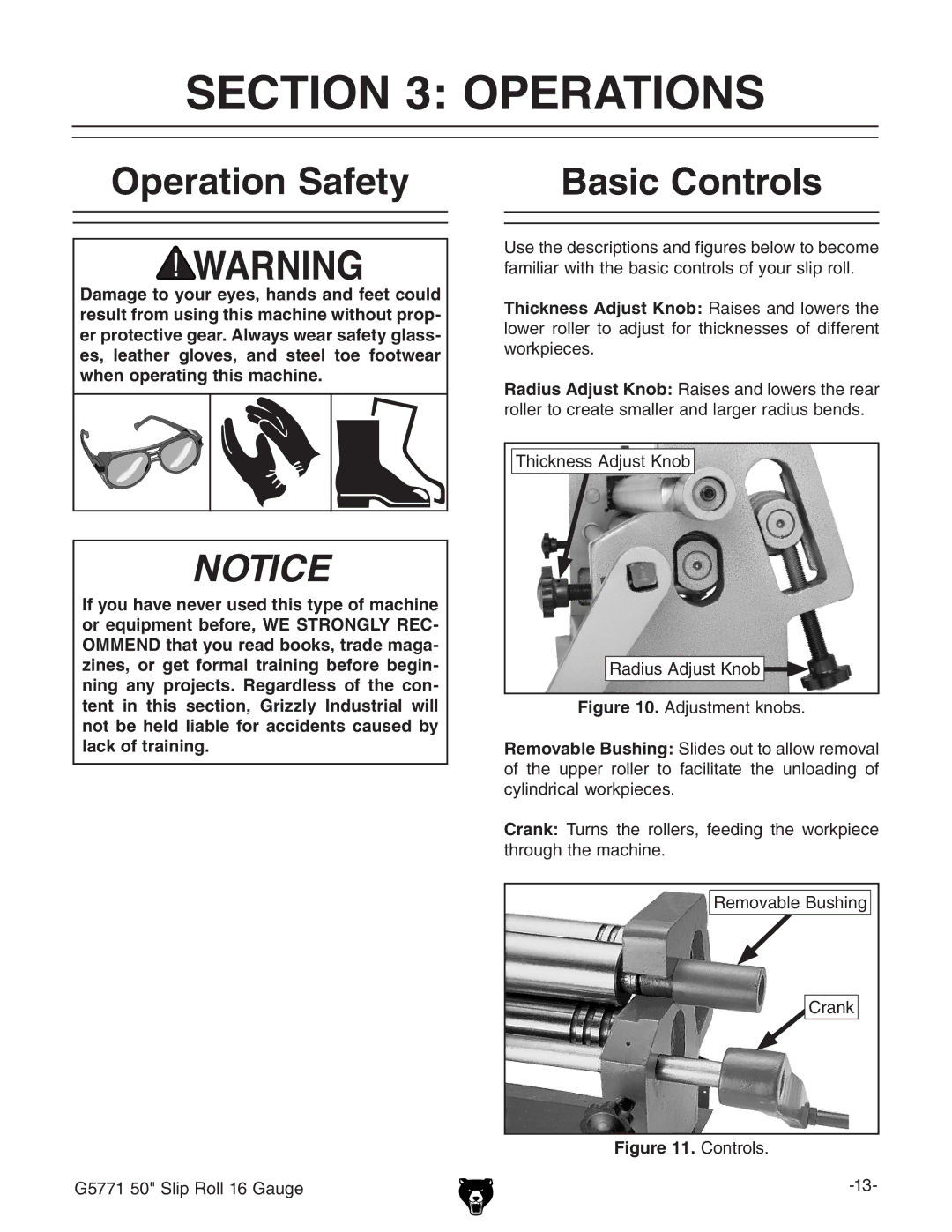 Grizzly G5771 owner manual Operations, Operation Safety Basic Controls 