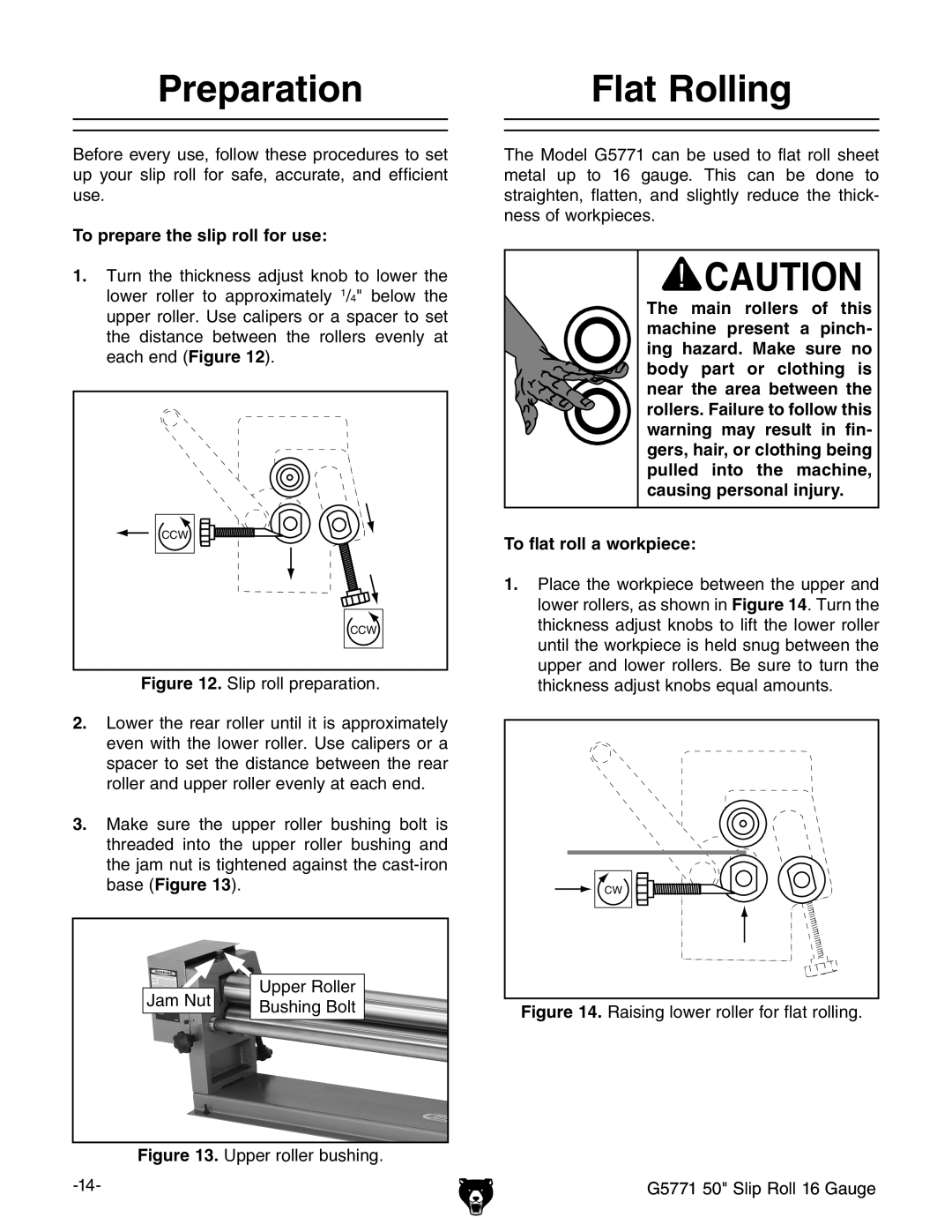 Grizzly G5771 owner manual Flat Rolling, Upper roller bushing 