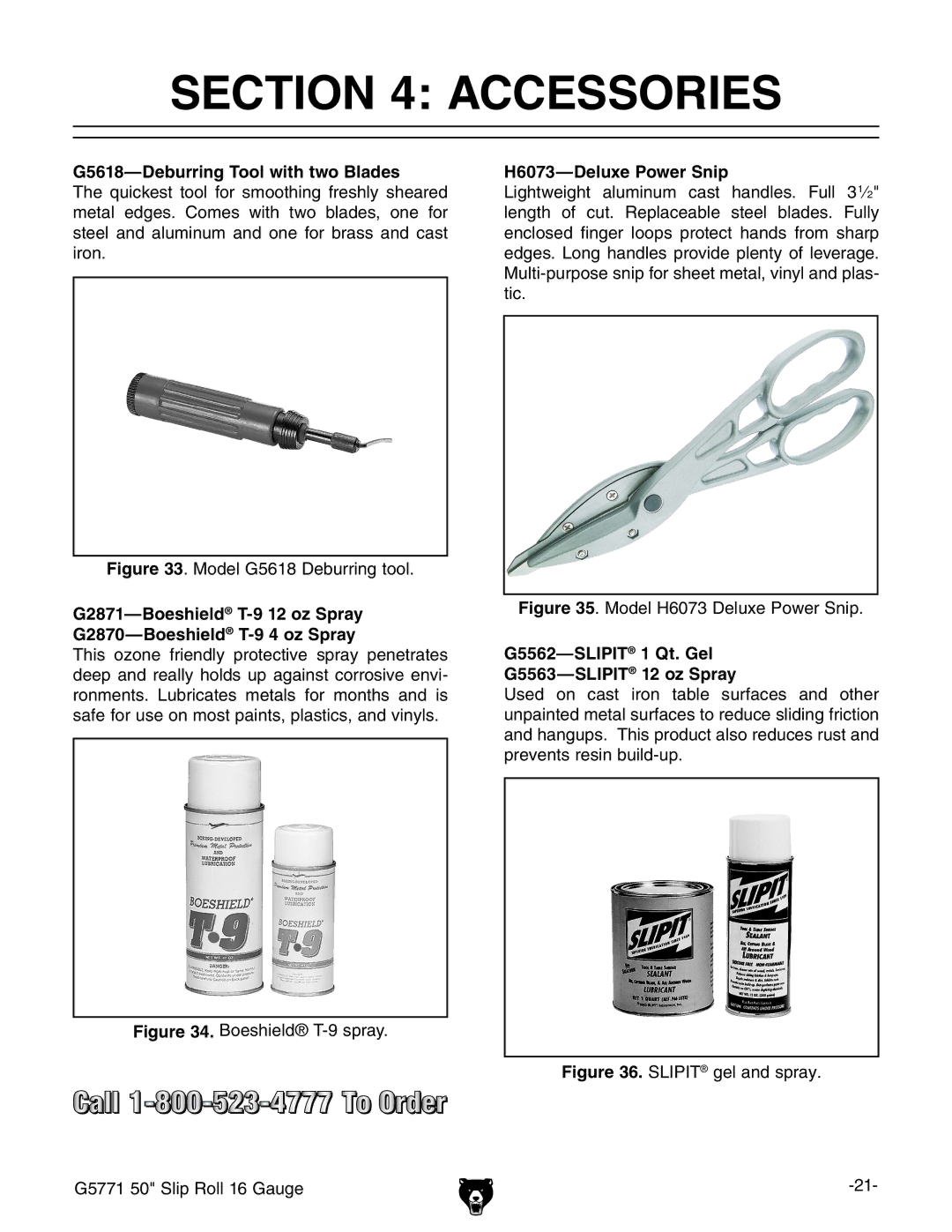 Grizzly G5771 owner manual Accessories, G5618-Deburring Tool with two Blades, H6073-Deluxe Power Snip 