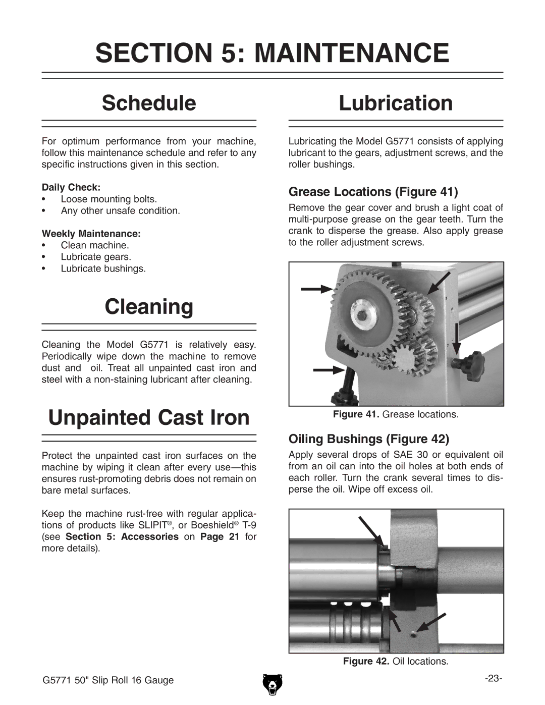 Grizzly G5771 owner manual Maintenance, Schedule, Cleaning, Unpainted Cast Iron, Lubrication 