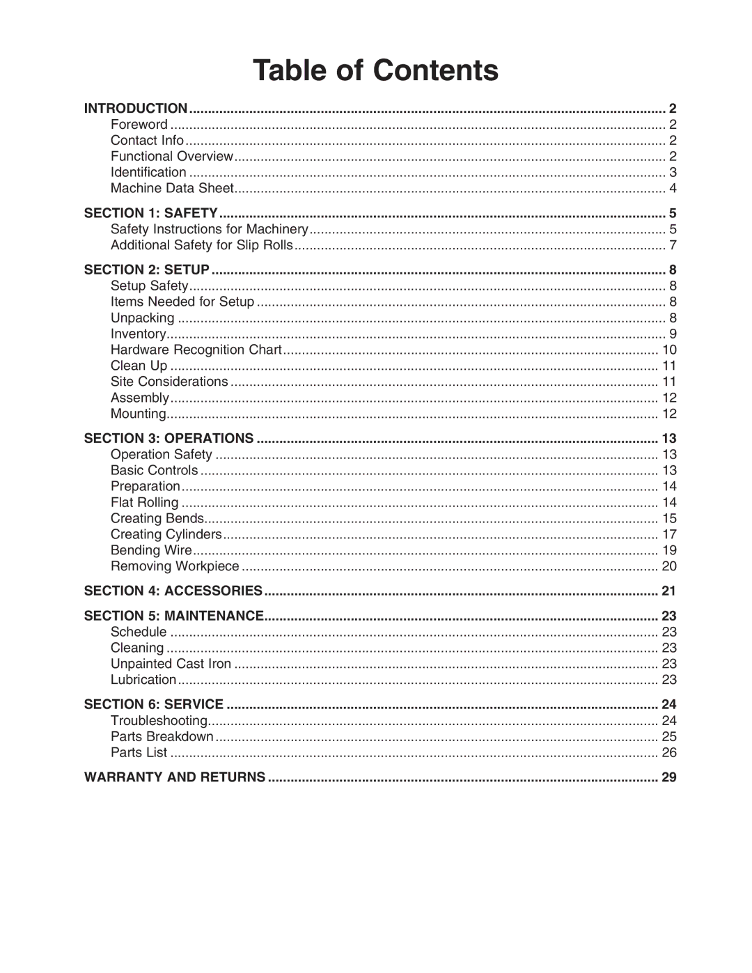 Grizzly G5771 owner manual Table of Contents 