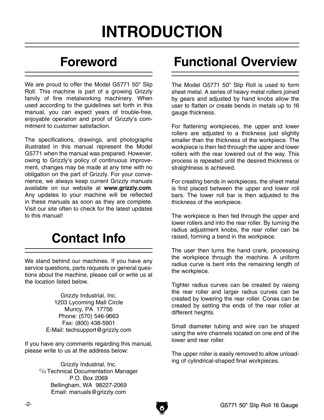 Grizzly G5771 owner manual Introduction, Foreword Functional Overview, Contact Info 