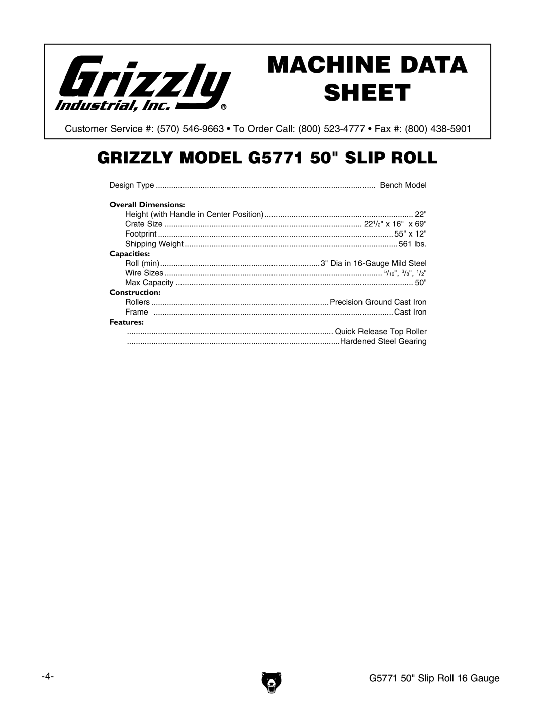 Grizzly G5771 owner manual Machine Data Sheet 