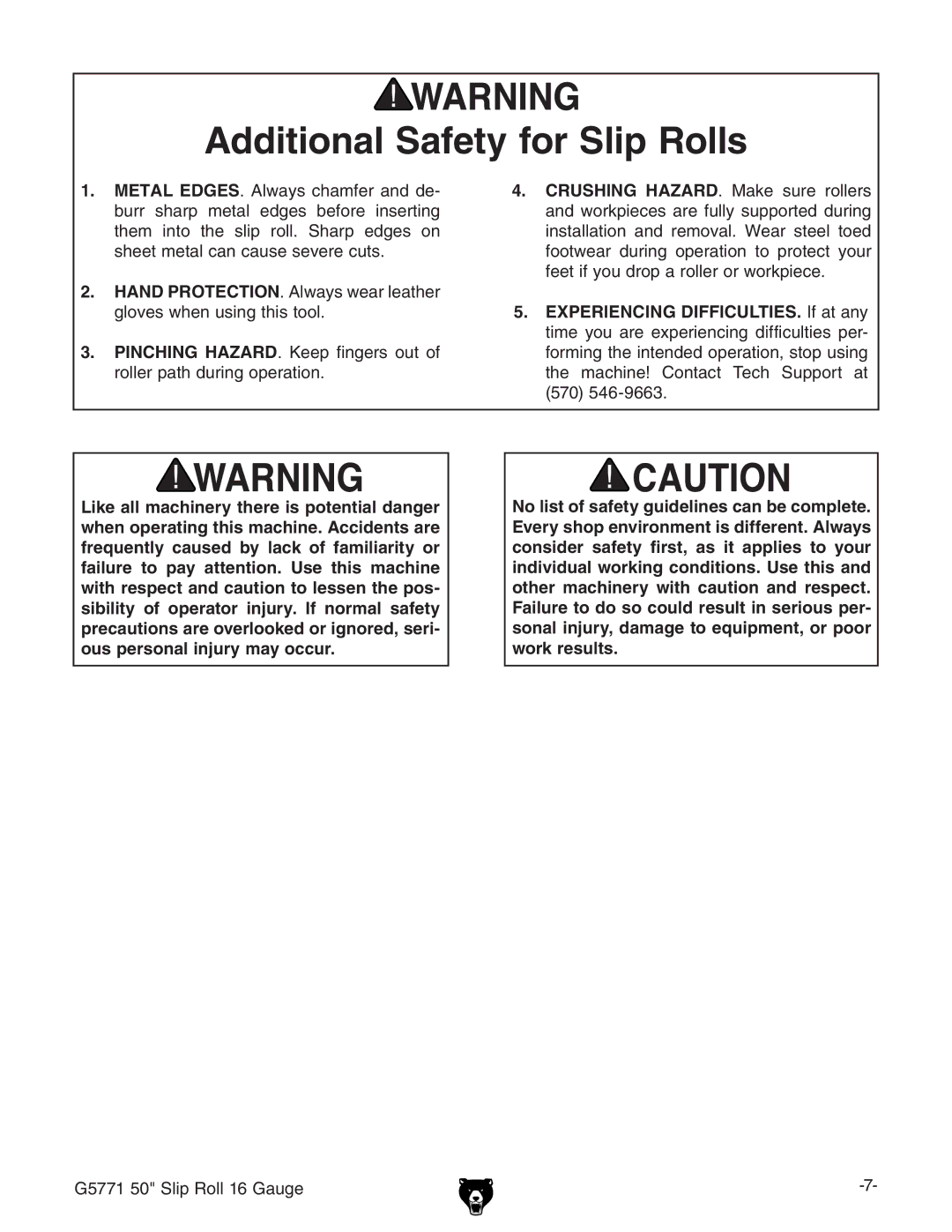 Grizzly G5771 owner manual Additional Safety for Slip Rolls 