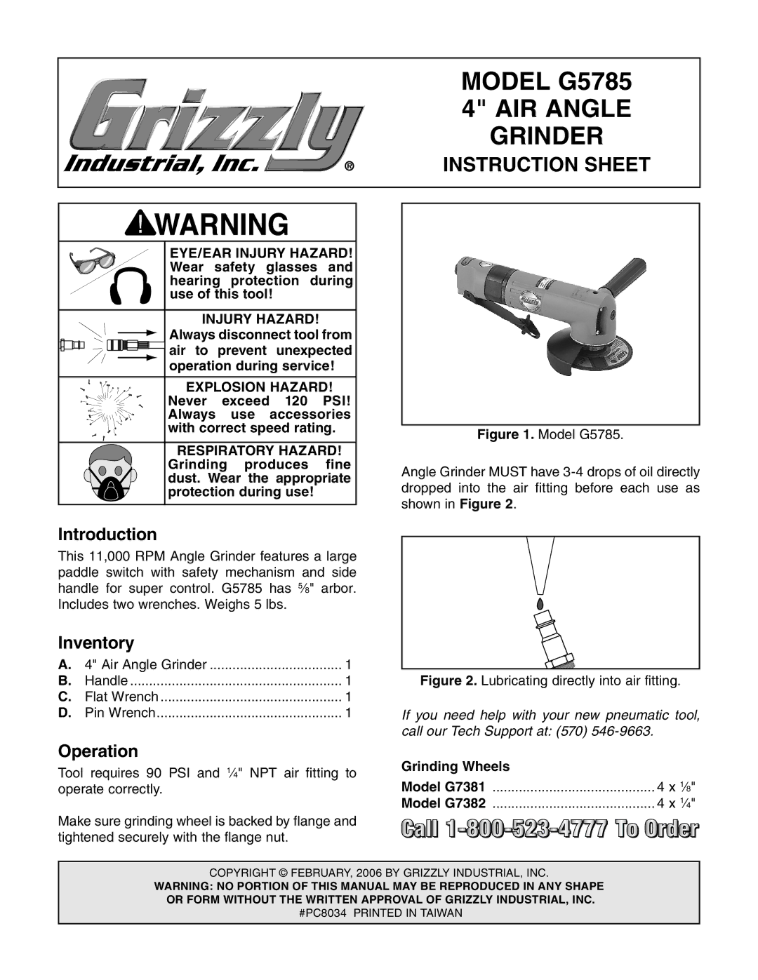 Grizzly instruction sheet Model G5785, AIR Angle, Grinder, Instruction Sheet 