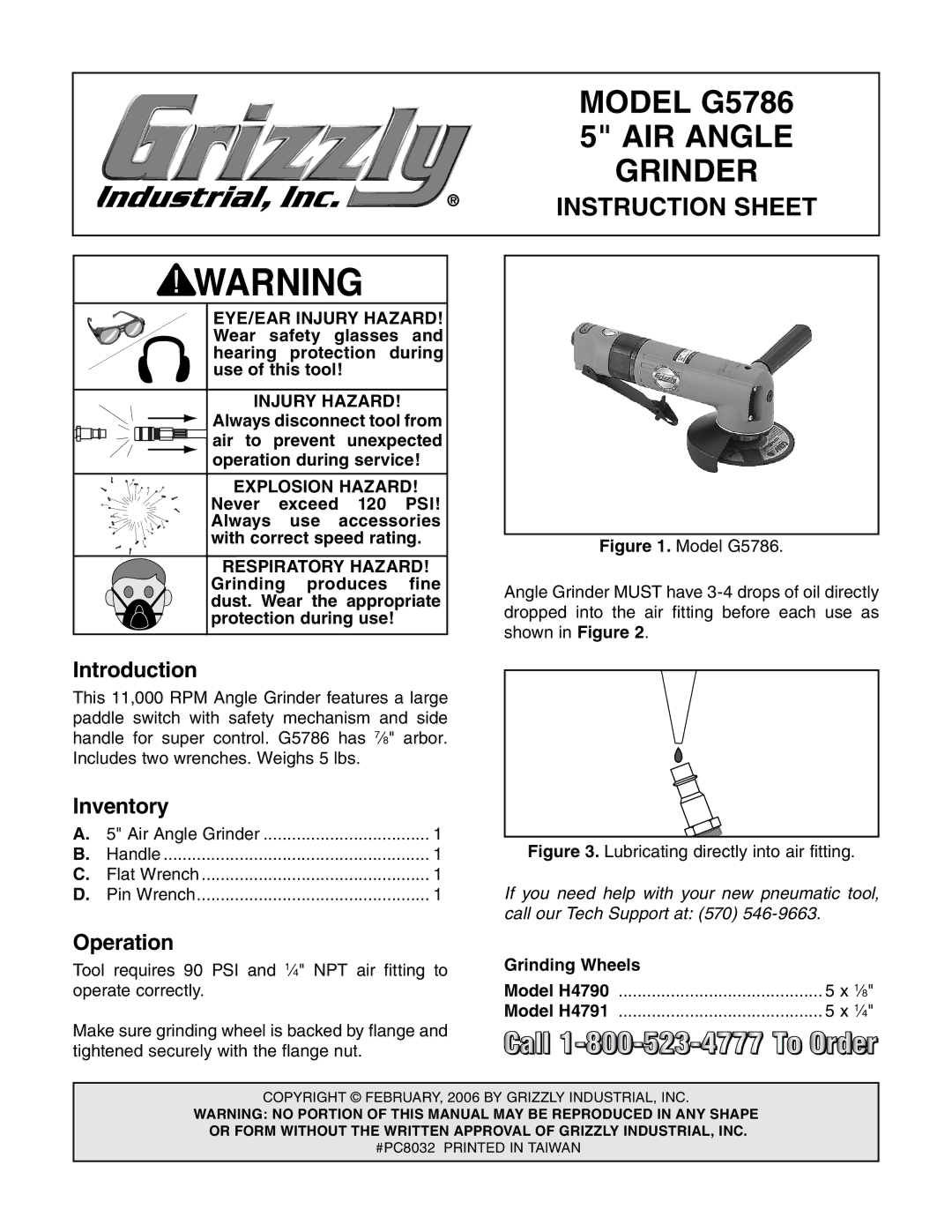 Grizzly instruction sheet Model G5786, AIR Angle, Grinder, Instruction Sheet 