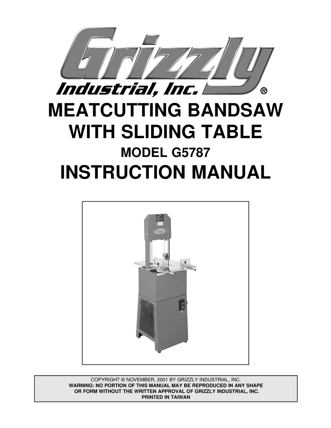 Grizzly G5787 instruction manual Meatcutting Bandsaw With Sliding Table 