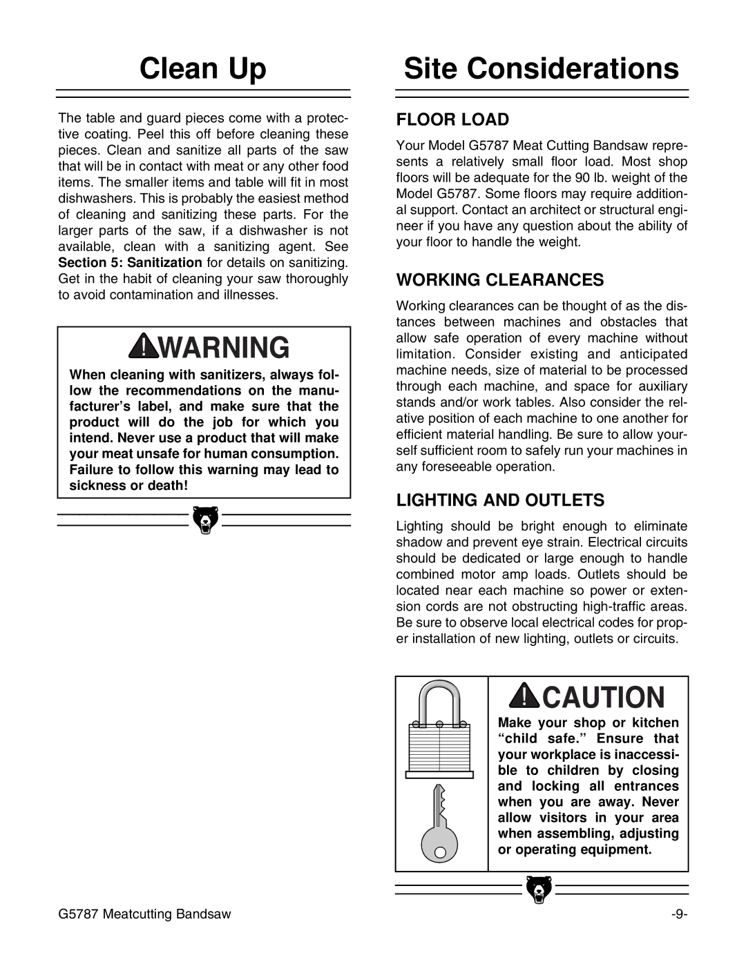 Grizzly G5787 instruction manual Clean Up, Site Considerations 