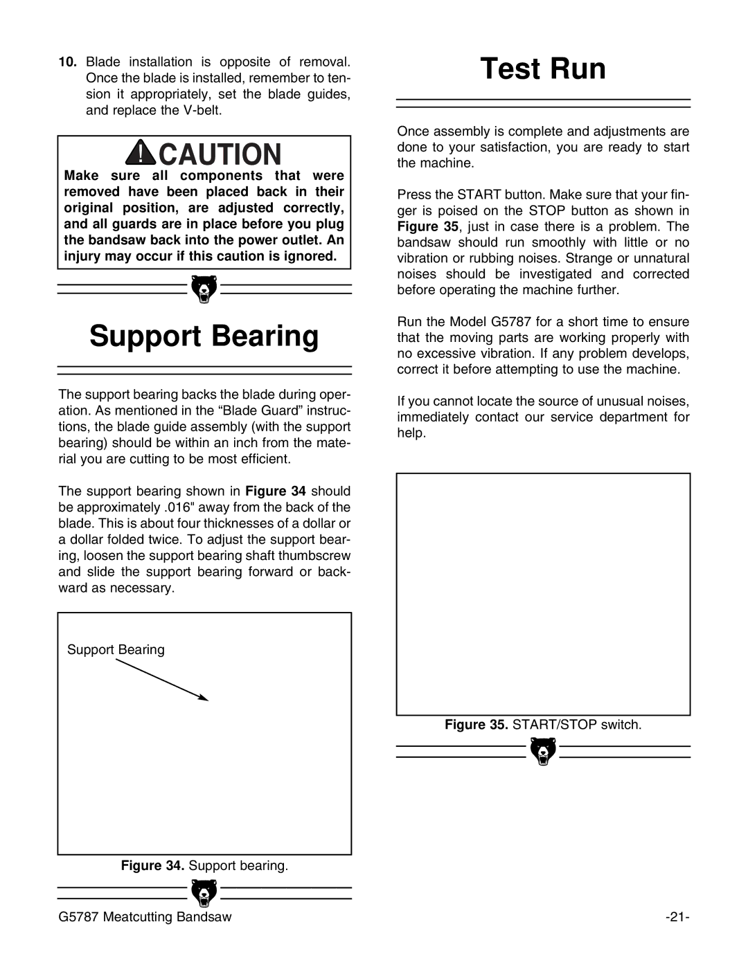 Grizzly G5787 instruction manual Support Bearing, Test Run 