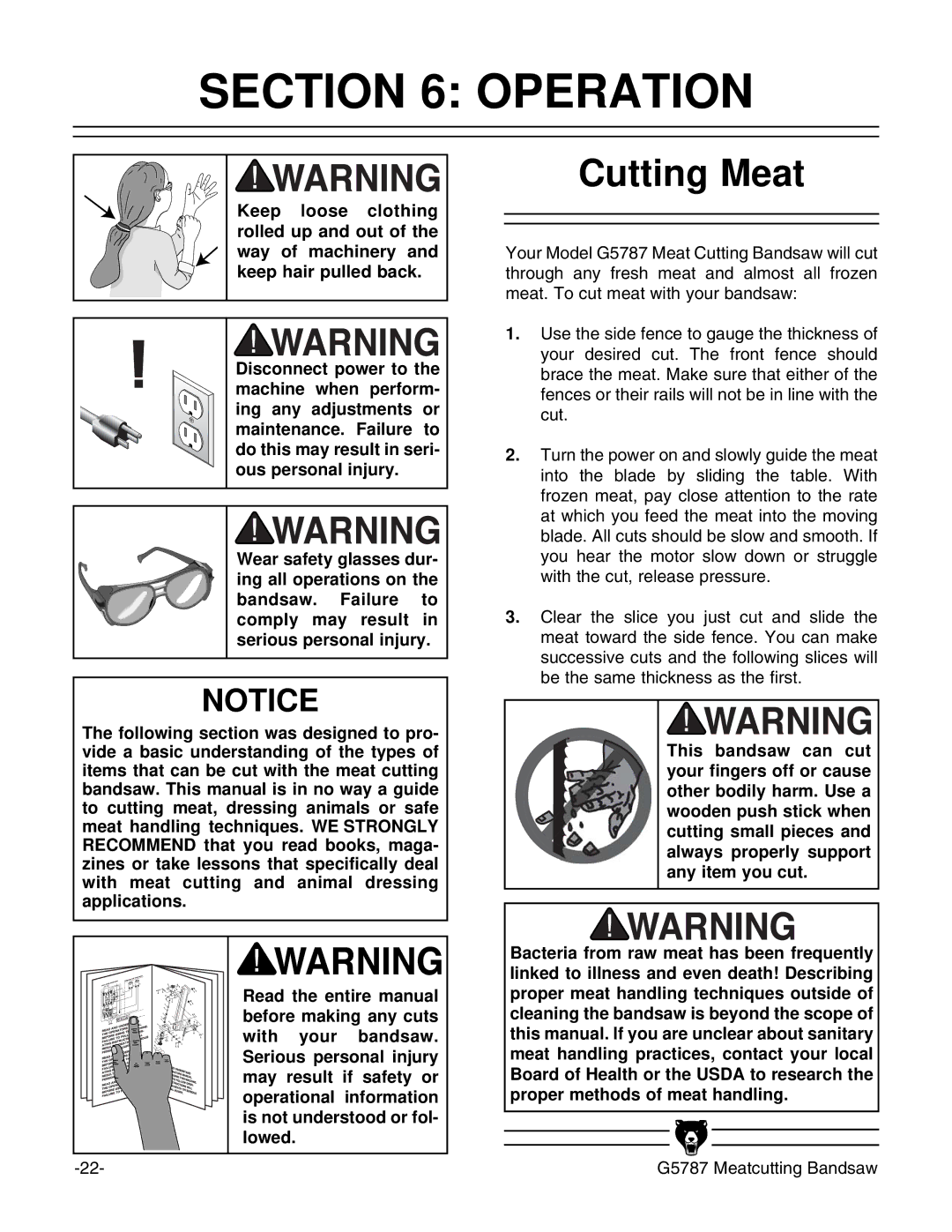 Grizzly G5787 instruction manual Operation, Cutting Meat 