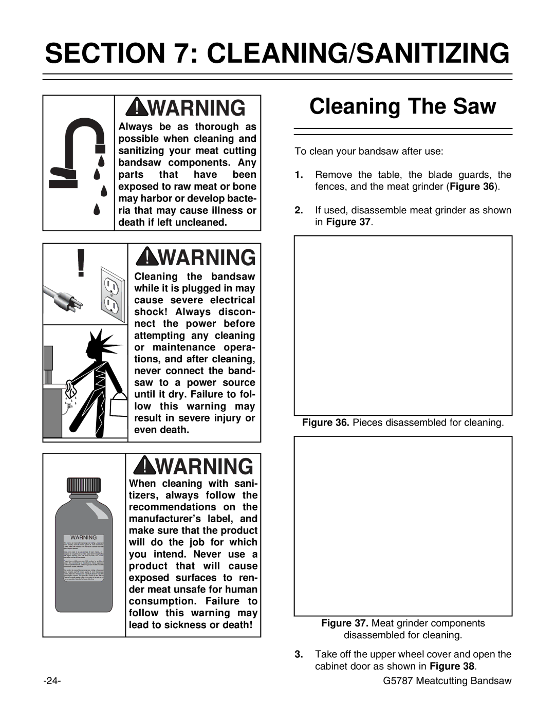 Grizzly G5787 instruction manual Cleaning/Sanitizing, Cleaning The Saw 