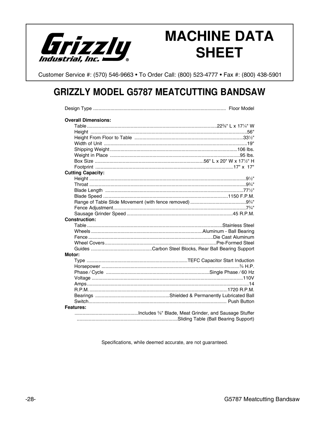 Grizzly G5787 instruction manual Machine Data Sheet 