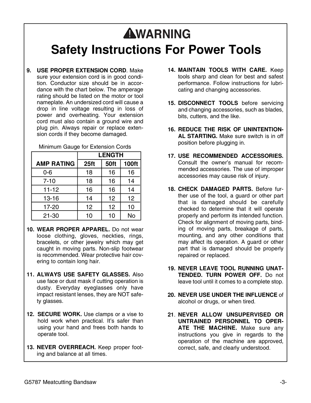 Grizzly G5787 instruction manual Length AMP Rating 