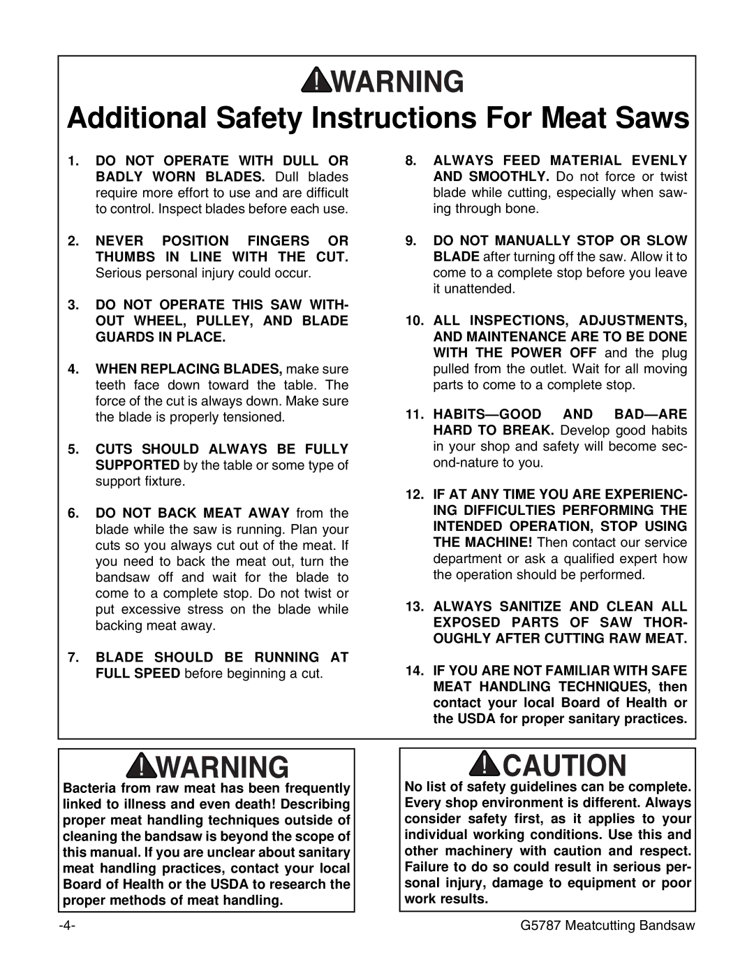 Grizzly G5787 instruction manual Additional Safety Instructions For Meat Saws 