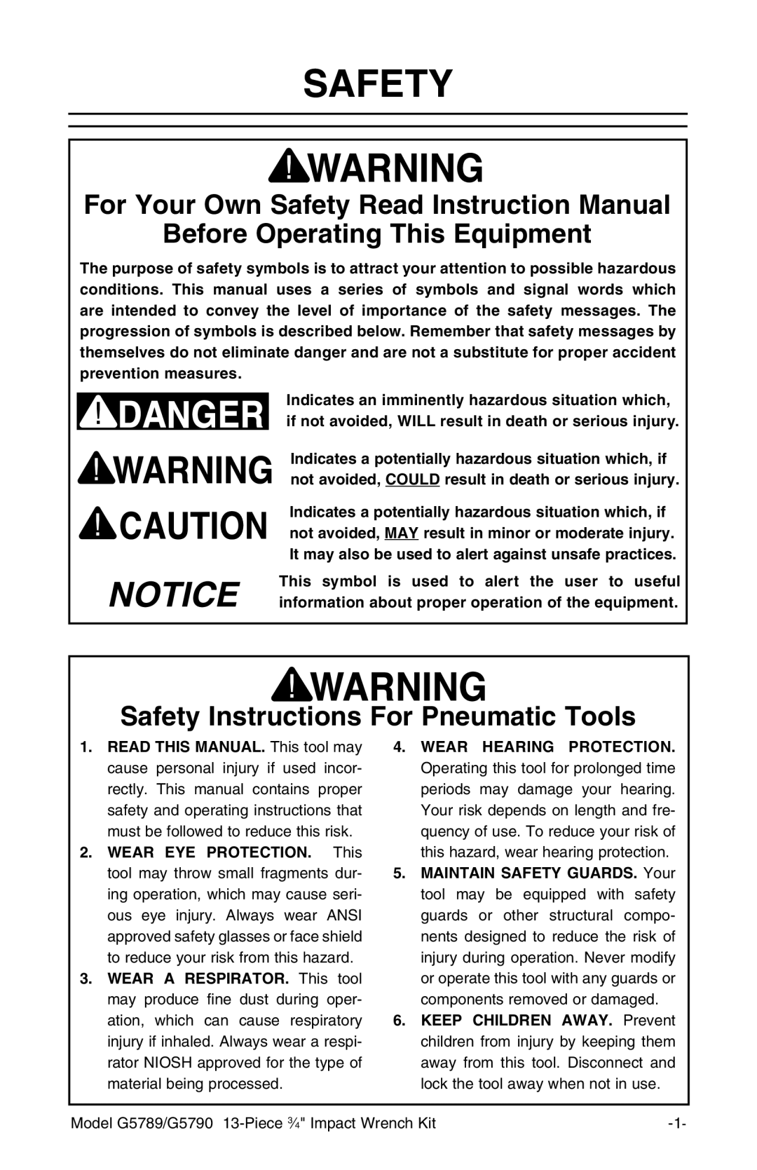 Grizzly G5789, G5790 Before Operating This Equipment, Safety Instructions For Pneumatic Tools, Wear Hearing Protection 