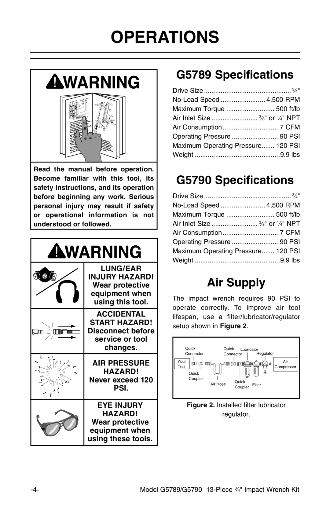 Grizzly instruction manual Operations, G5789 Specifications, G5790 Specifications 