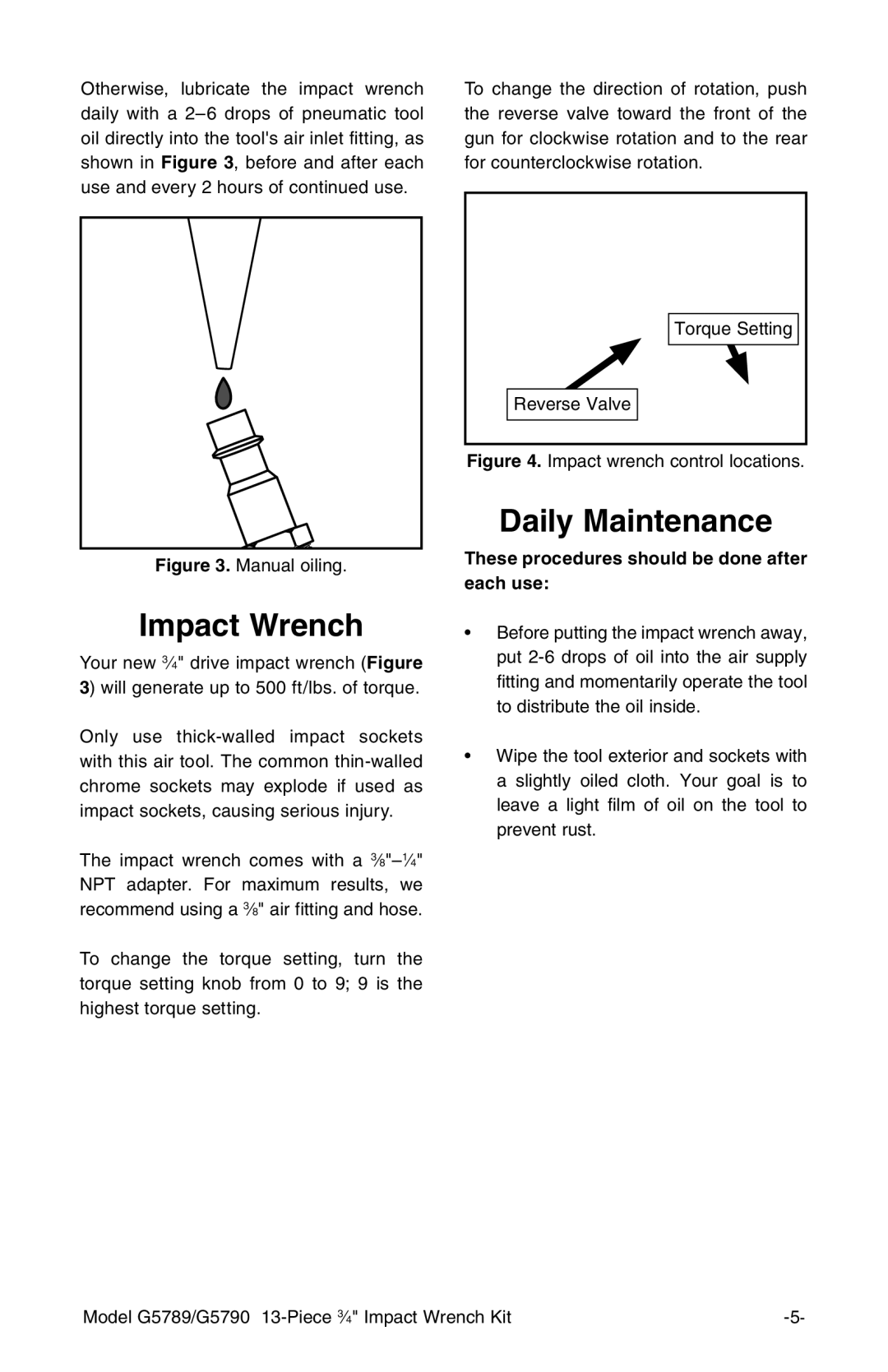 Grizzly G5789, G5790 instruction manual Impact Wrench, Daily Maintenance, These procedures should be done after each use 