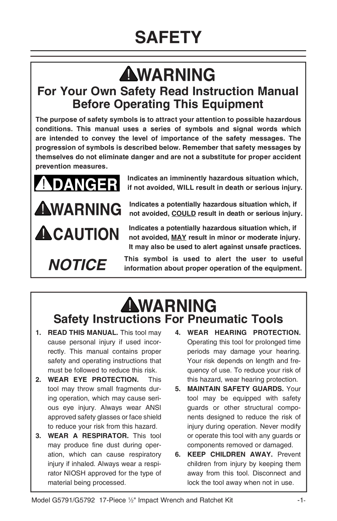 Grizzly G5792 Before Operating This Equipment, Safety Instructions For Pneumatic Tools, Wear Hearing Protection 