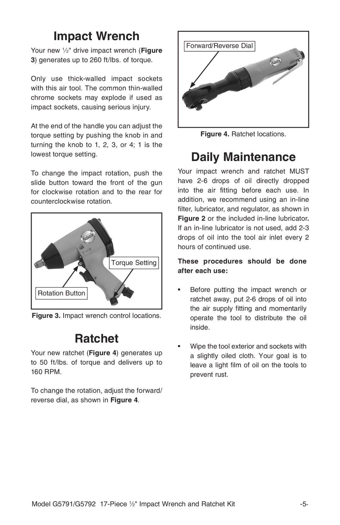 Grizzly G5792 instruction manual Ratchet, Daily Maintenance, These procedures should be done after each use 