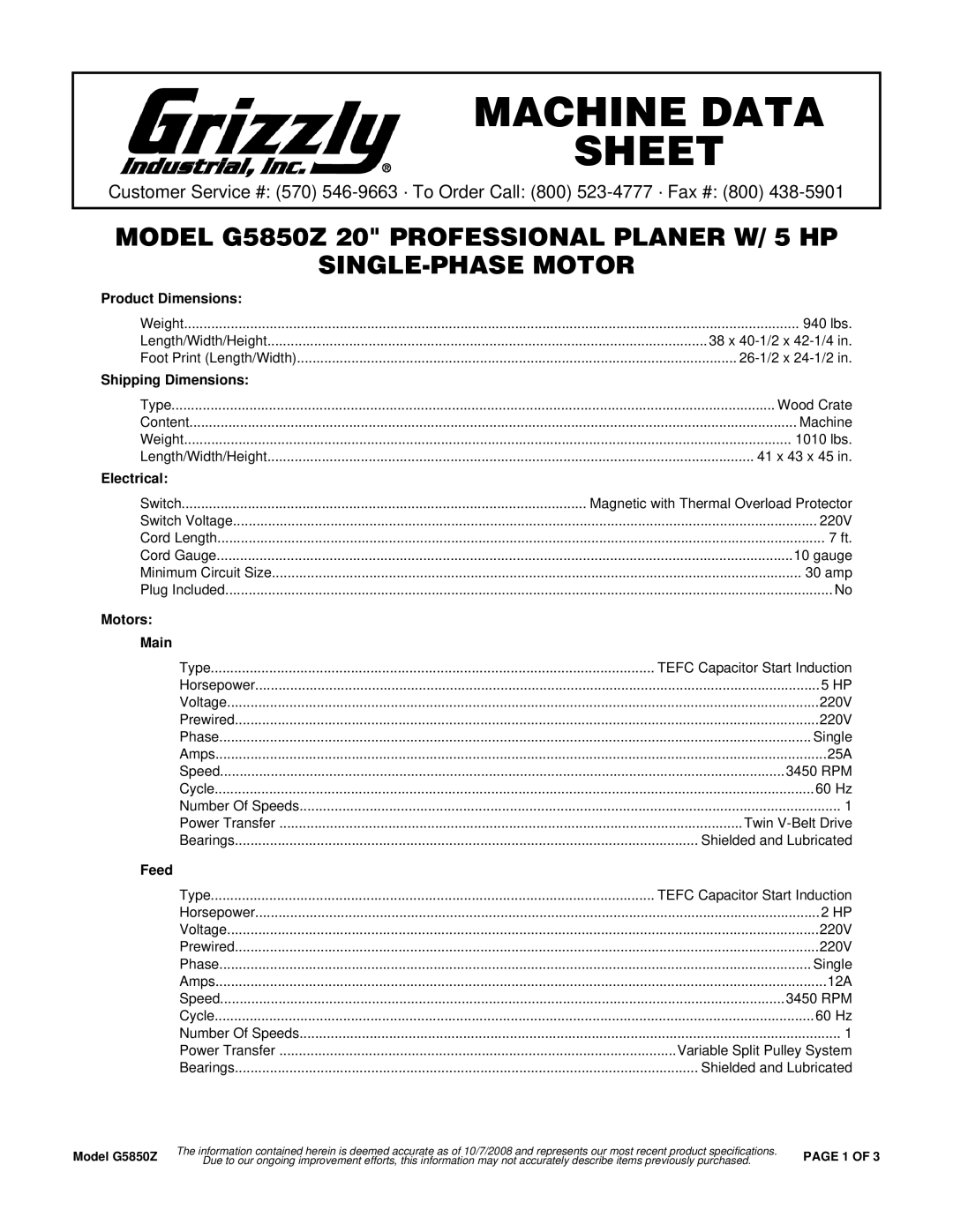 Grizzly G5850 Z specifications Product Dimensions, Shipping Dimensions, Electrical, Motors Main, Feed 