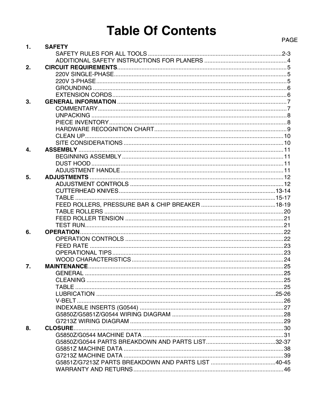 Grizzly G0544, G5850Z manual 4ABLEB/F #ONTENTS 