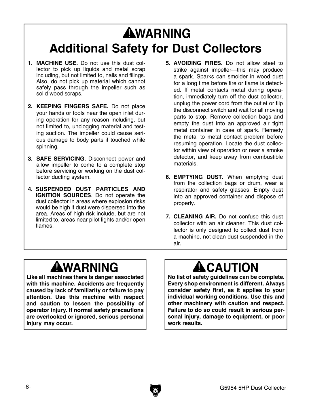 Grizzly G5954 owner manual Additional Safety for Dust Collectors 