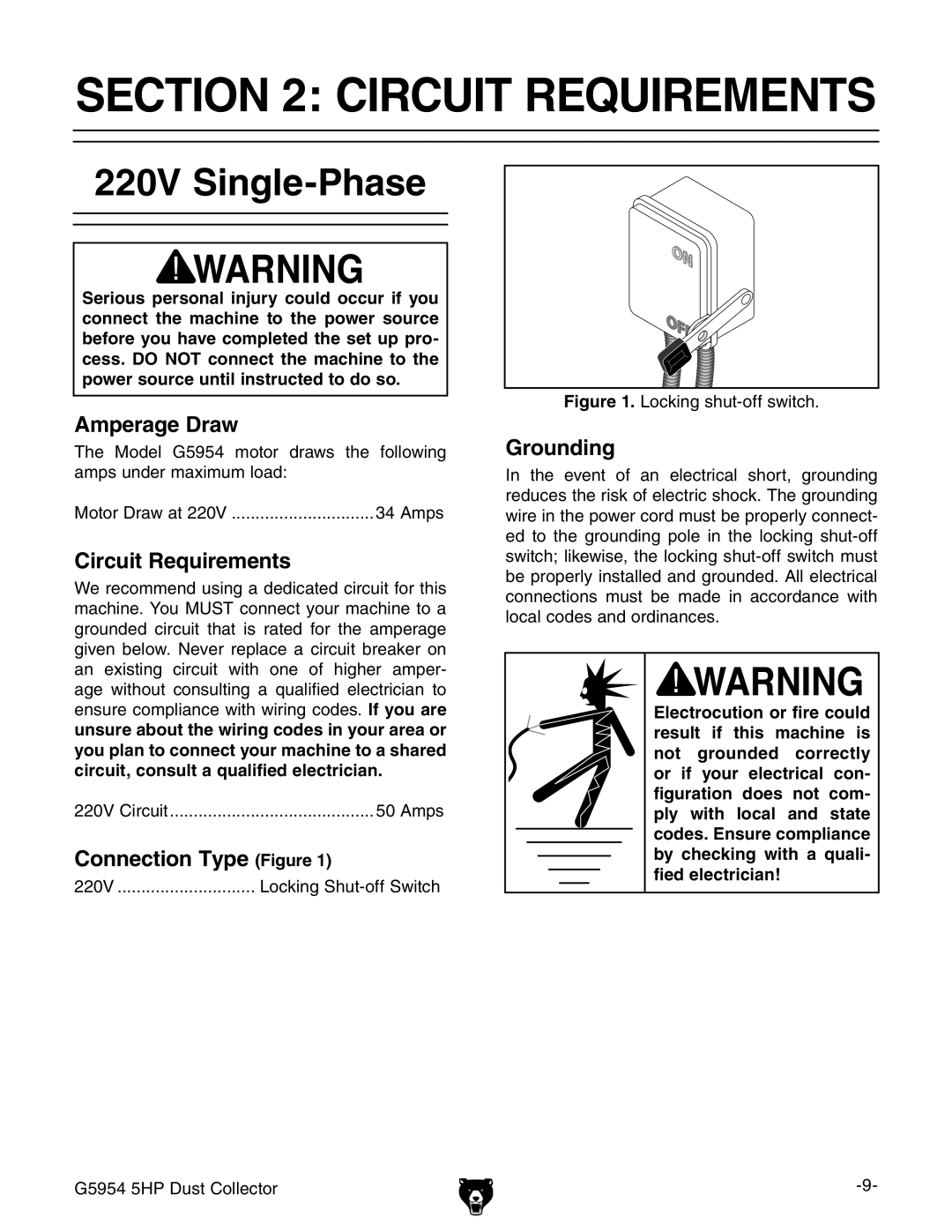 Grizzly G5954 owner manual Circuit Requirements, 220V Single-Phase 