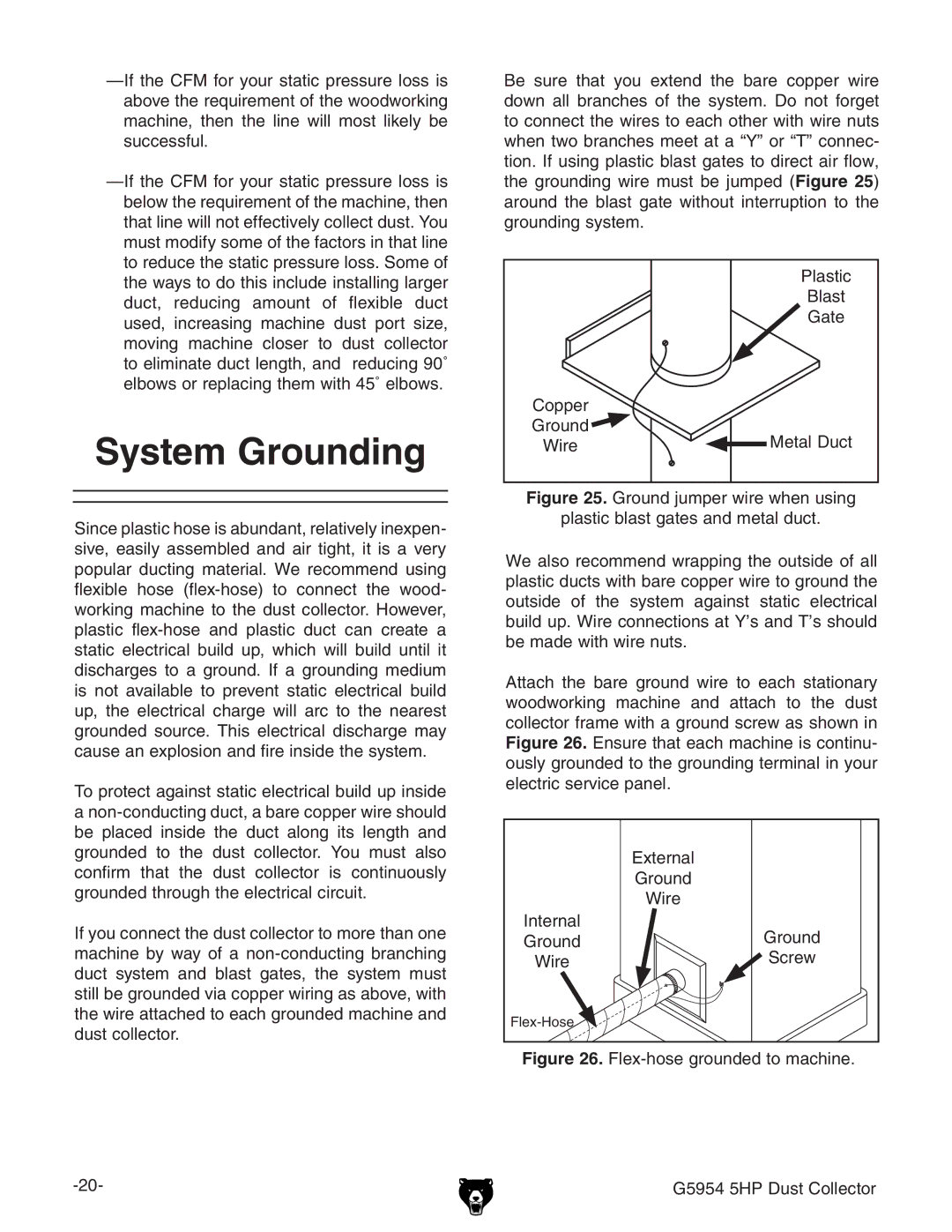 Grizzly G5954 owner manual System Grounding, Flex-hose grounded to machine 