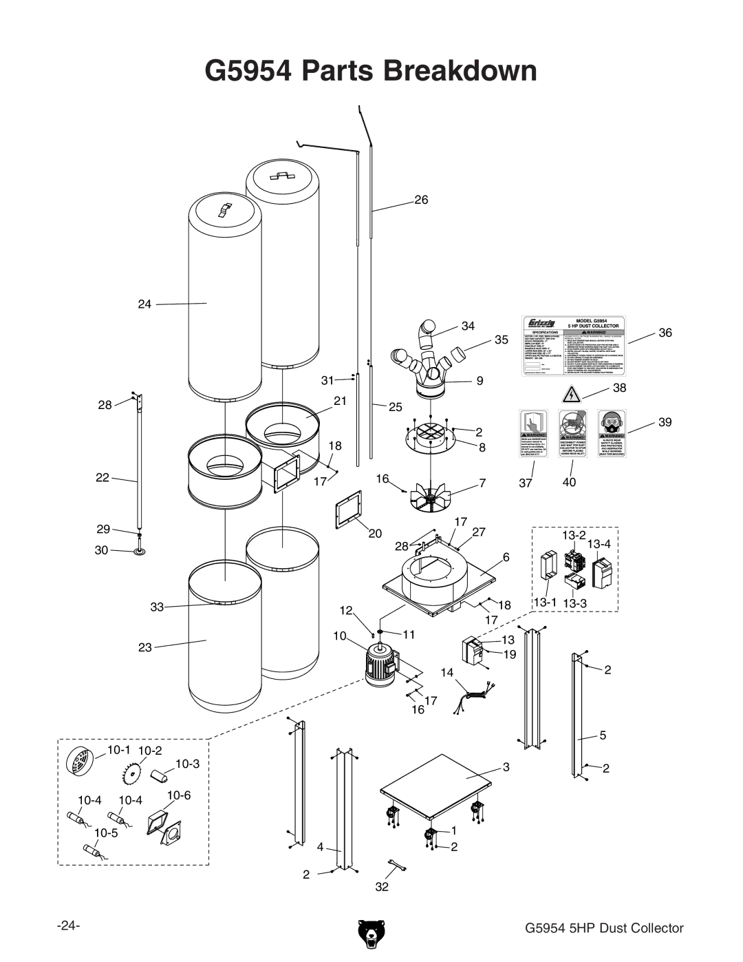 Grizzly owner manual G5954 Parts Breakdown 