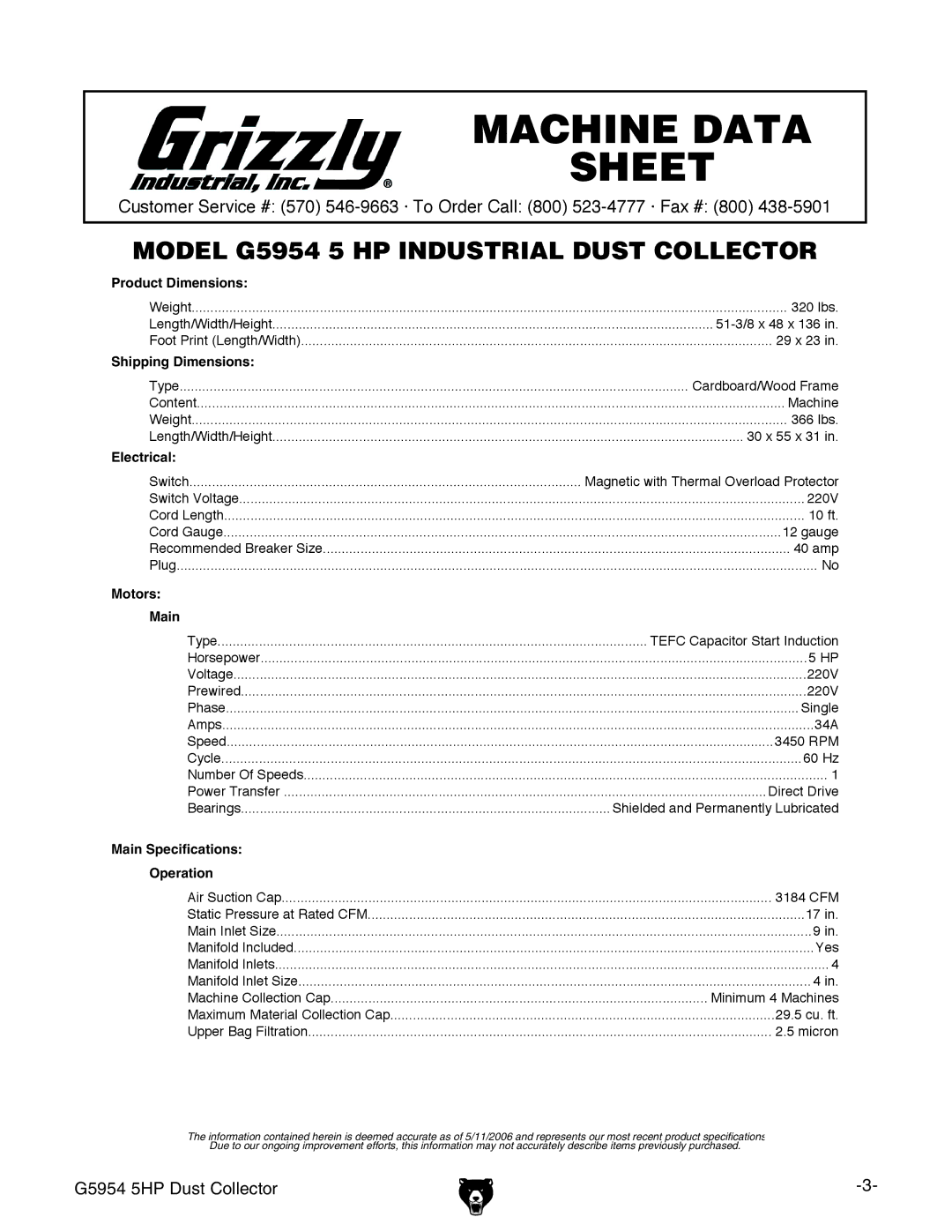 Grizzly G5954 owner manual Machine Data Sheet 