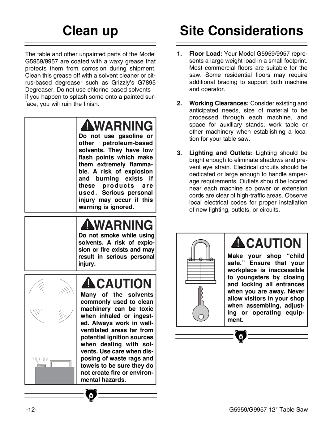 Grizzly G5959, G9957 instruction manual Clean up, Site Considerations 