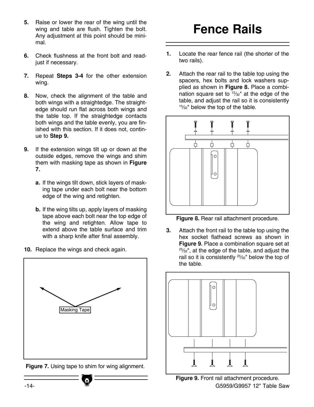 Grizzly G5959, G9957 instruction manual Fence Rails, Using tape to shim for wing alignment 