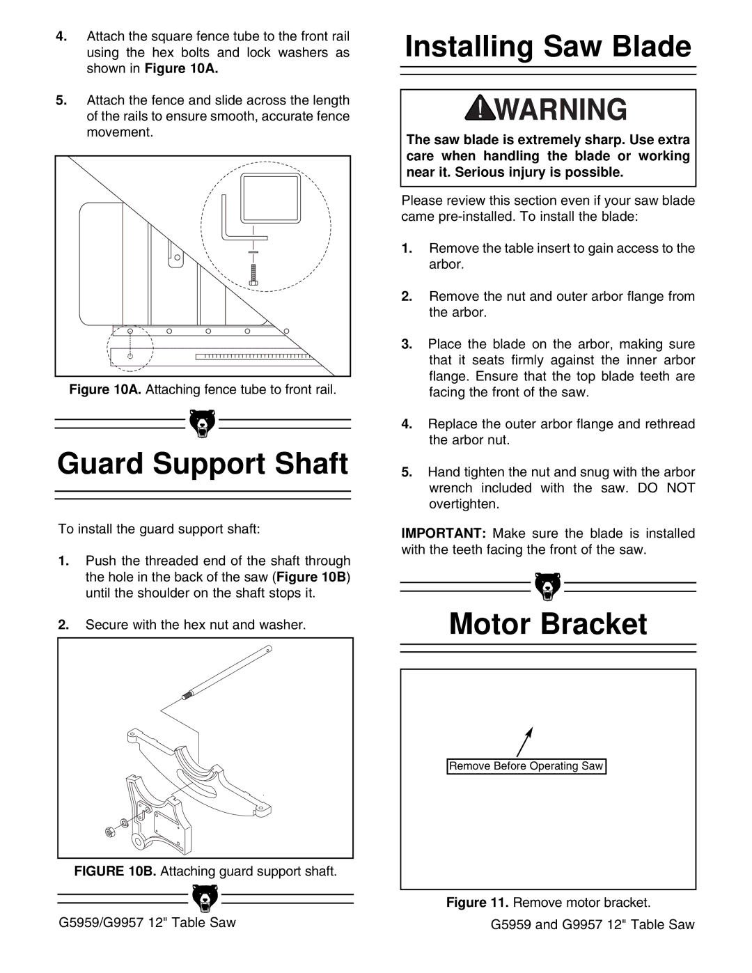 Grizzly G9957, G5959 instruction manual Guard Support Shaft, Installing Saw Blade, Motor Bracket 