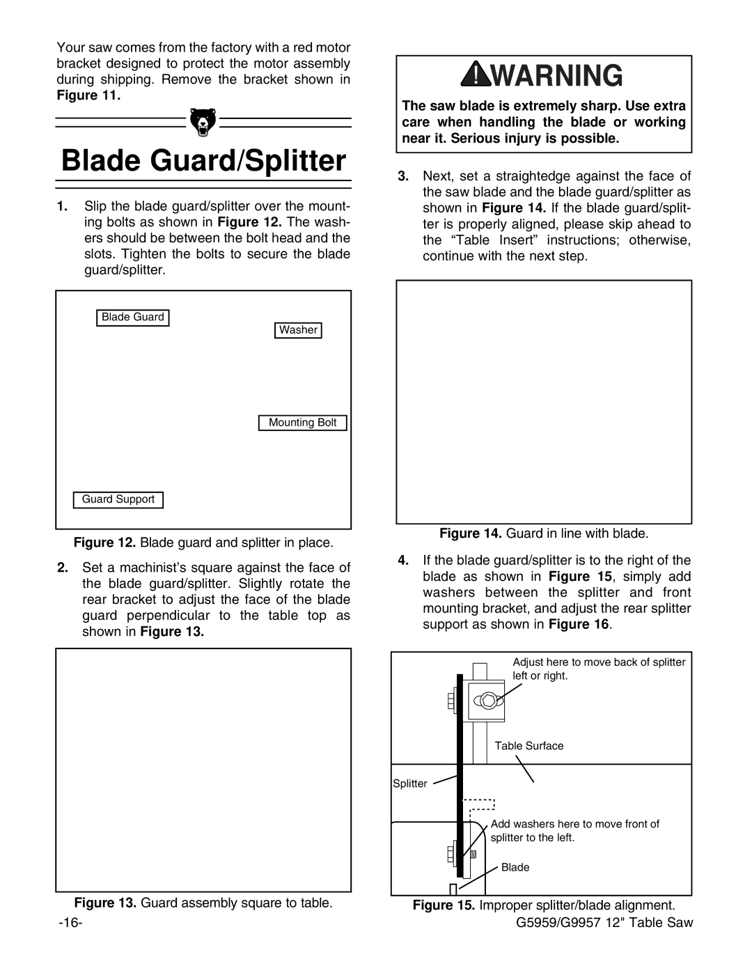 Grizzly G5959, G9957 instruction manual Blade Guard/Splitter, Guard assembly square to table 