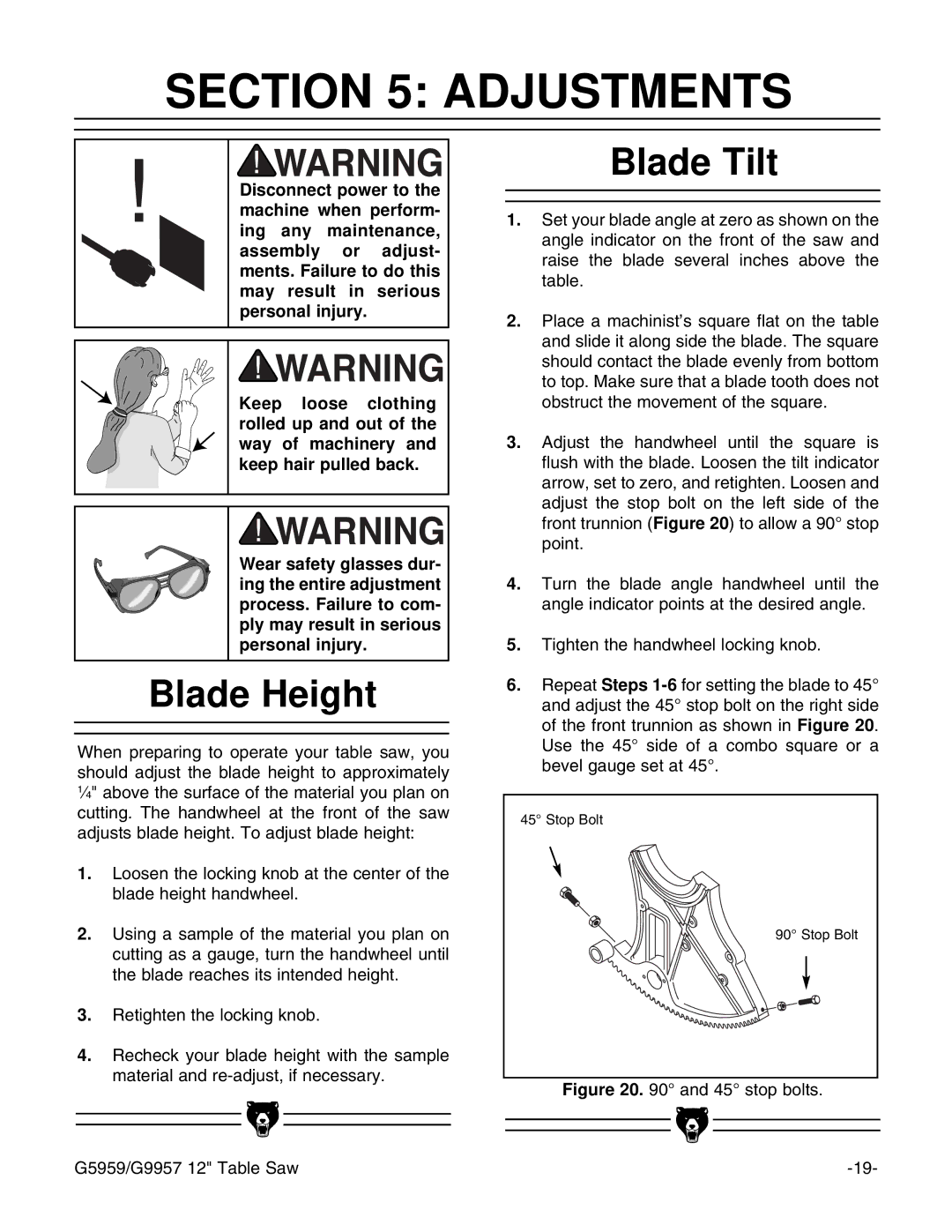 Grizzly G9957, G5959 instruction manual Adjustments, Blade Height, Blade Tilt 