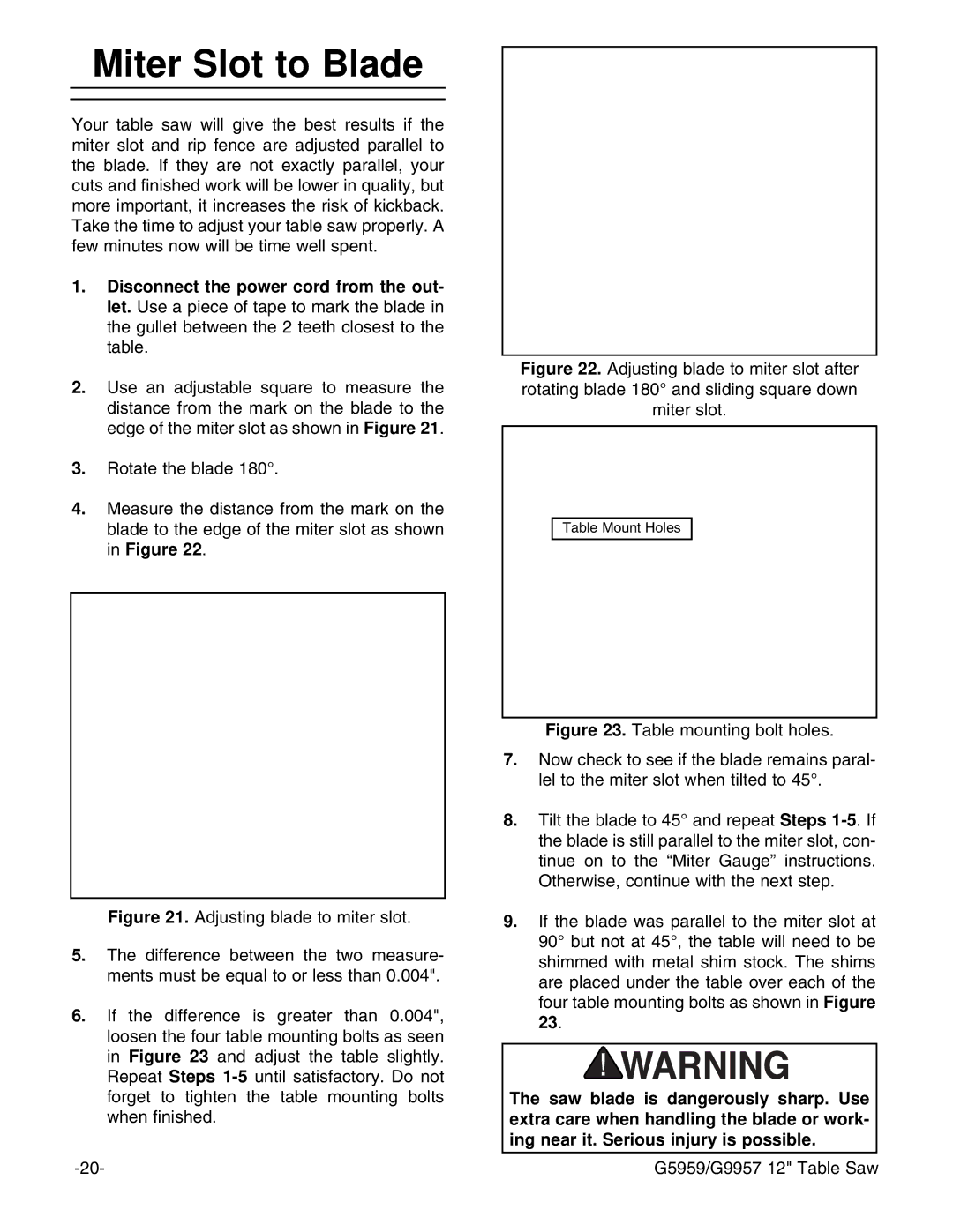 Grizzly G5959, G9957 instruction manual Miter Slot to Blade 