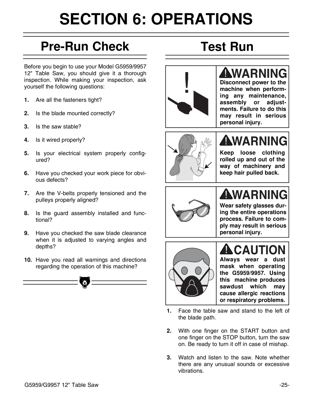 Grizzly G9957, G5959 instruction manual Operations, Pre-Run Check, Test Run 