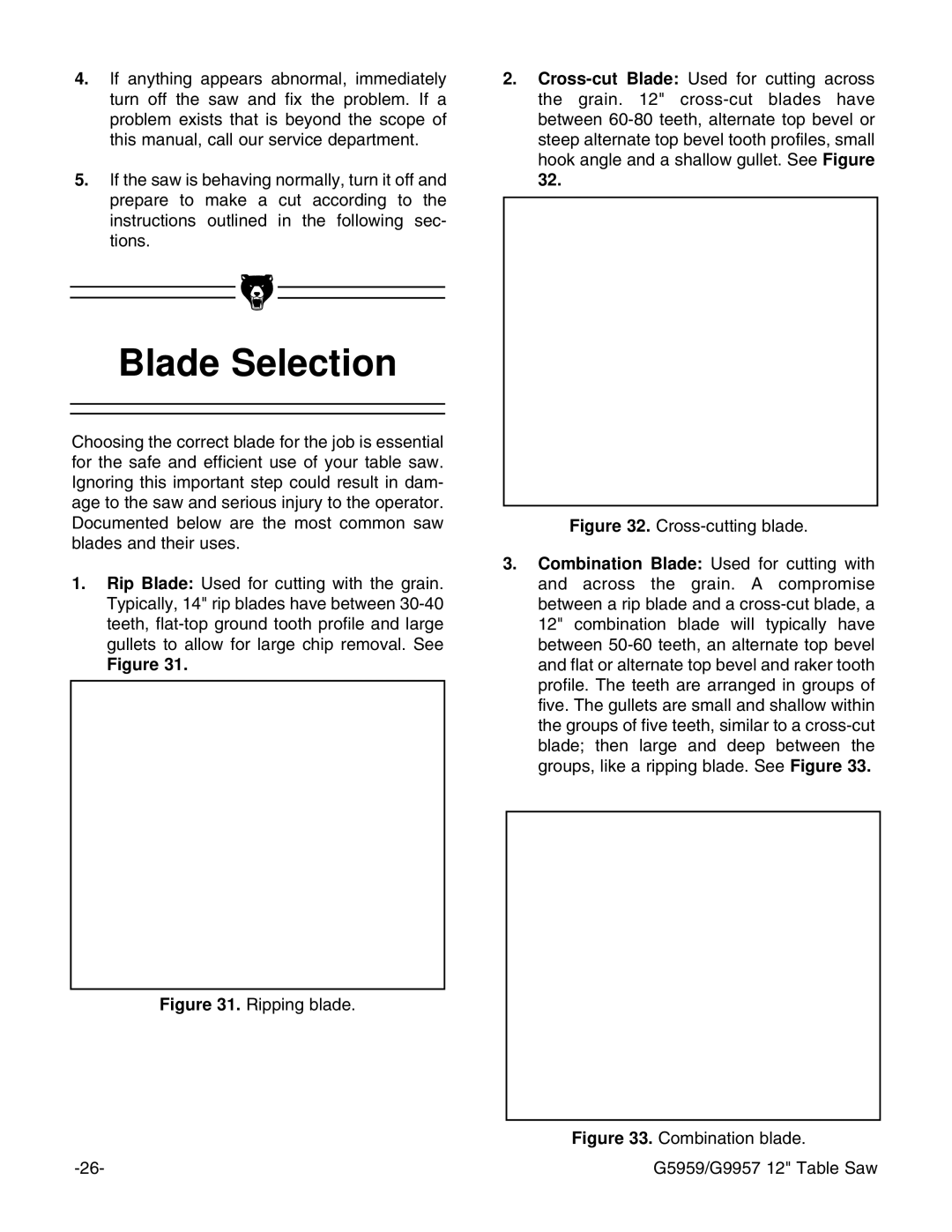 Grizzly G5959, G9957 instruction manual Blade Selection, Ripping blade 